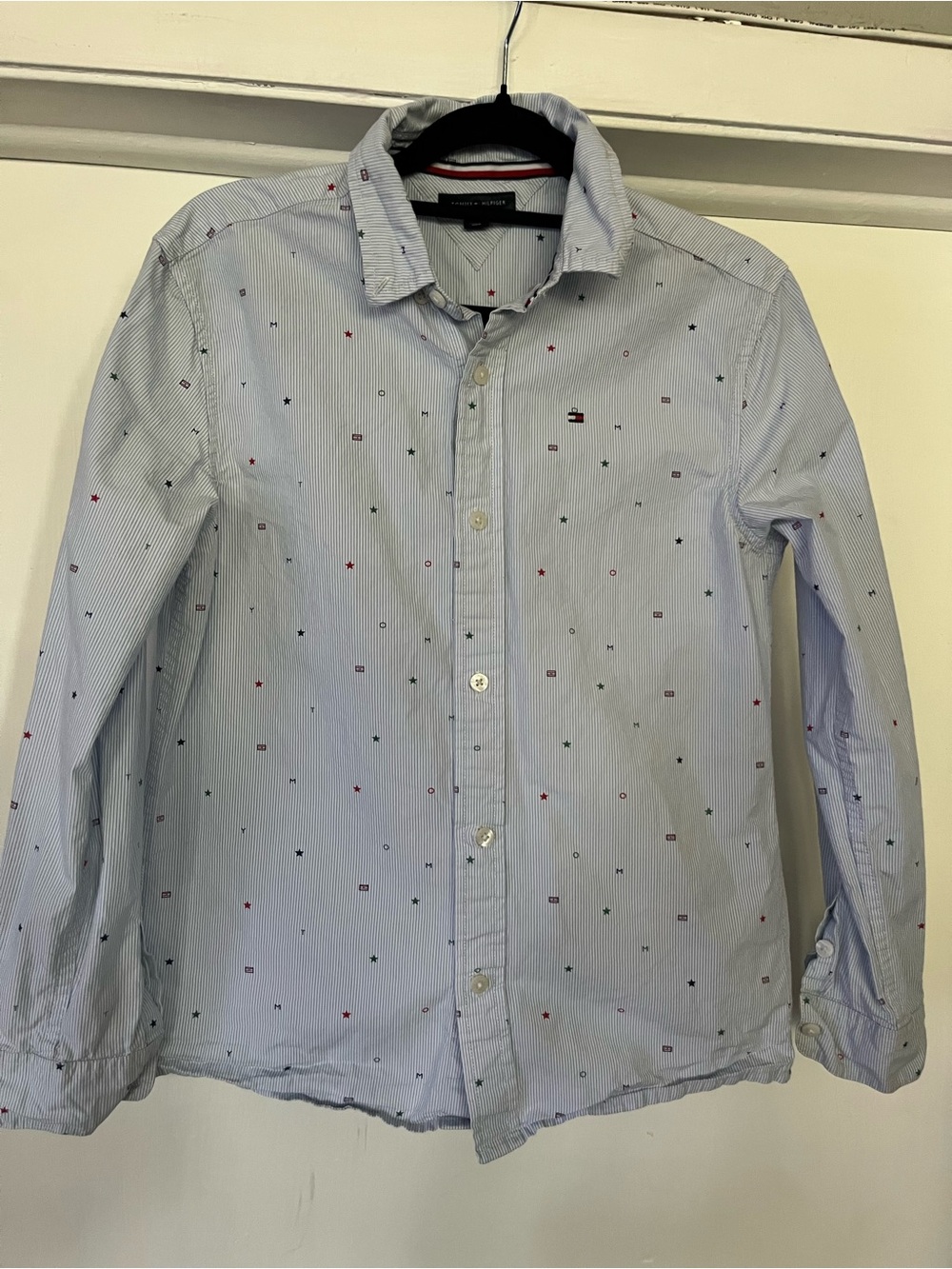 Tommy Hilfiger Light Blue Striped Button-Down Shirt with Multicolor Motifs
